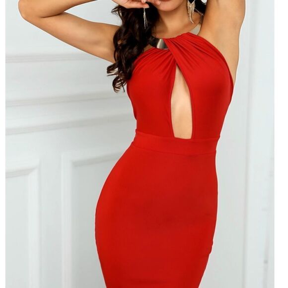 Cherry Red w/ Gold Bodycon Keyhole Cut Out Dress - Picture 2 of 5